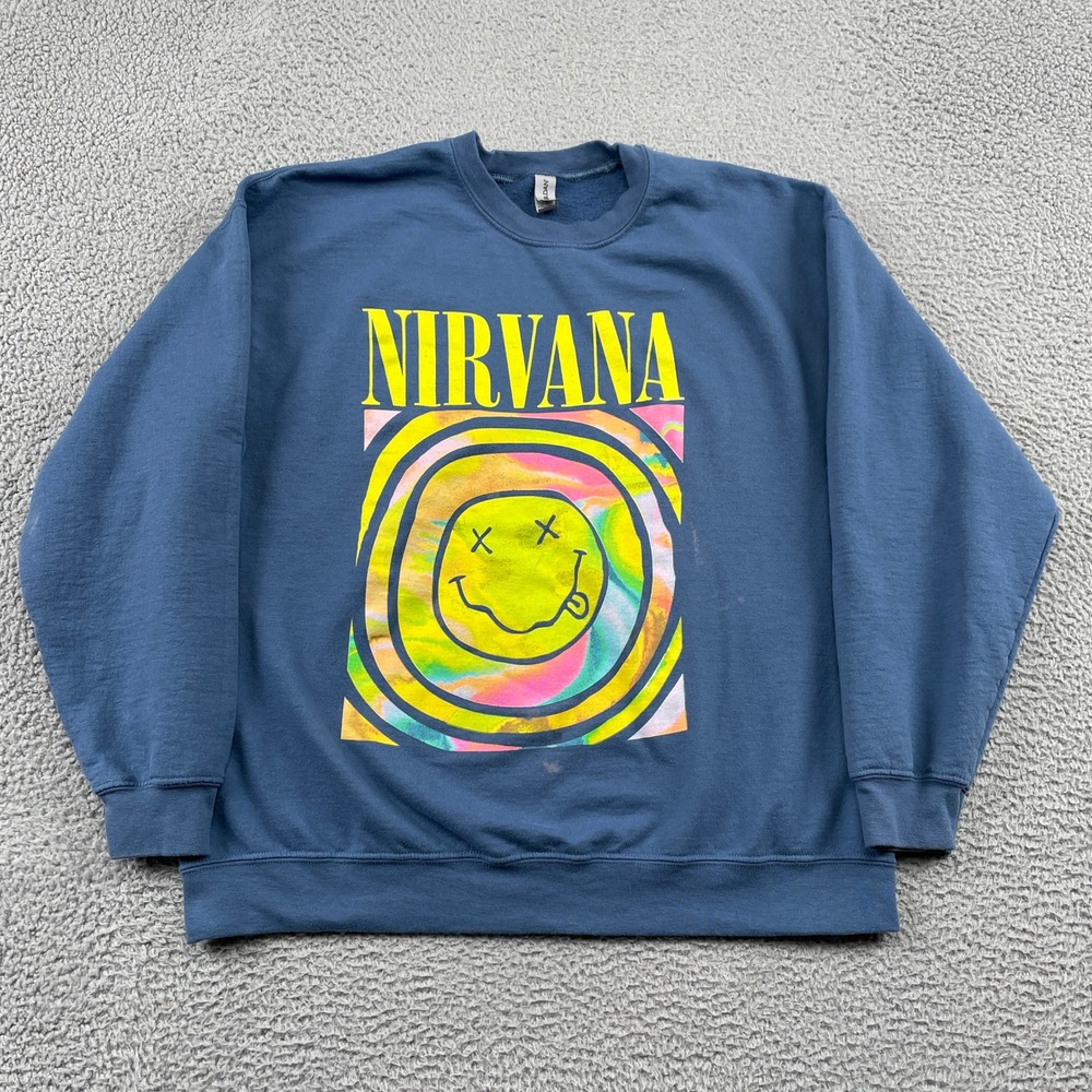 Nirvana Sweatshirt Mens XL Blue Smiley Face Graphic Heavy Blend‎ Pullover